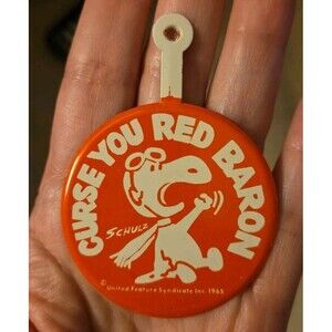 Schultz Snoopy Peanuts Metal Curse You Red Baron 2" Clip On Pin Button Vintage